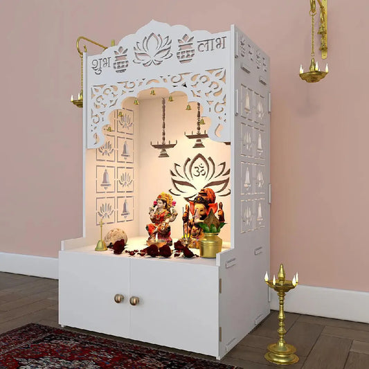 Lotus Pattern Engineered Wood Temple with Spacious Shelf & Inbuilt Focus Light