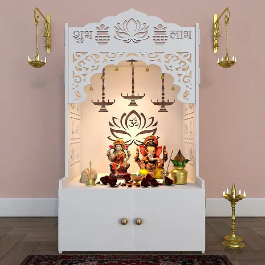 Lotus Pattern Engineered Wood Temple with Spacious Shelf & Inbuilt Focus Light