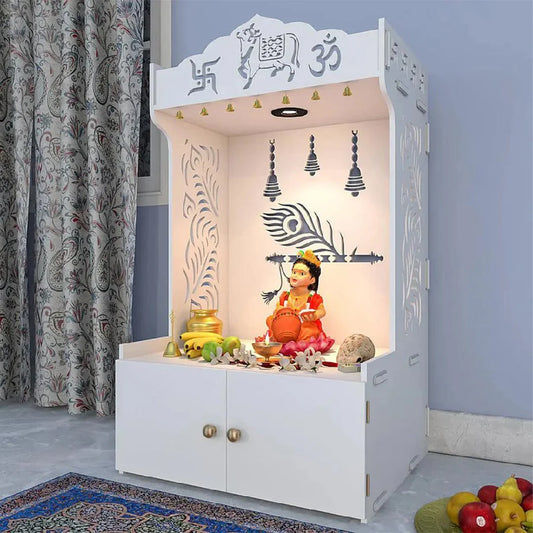 Mor Pankh Wooden Floor Temple With Spacious Shelf & Inbuilt Focus Light