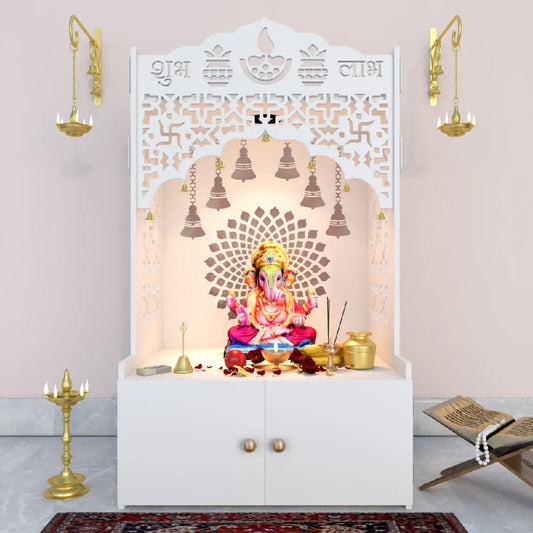 Divine Designer Wooden Floor Temple with Spacious Shelf & Inbuilt Focus Light