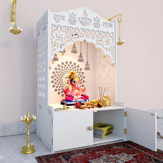 Divine Designer Wooden Floor Temple with Spacious Shelf & Inbuilt Focus Light