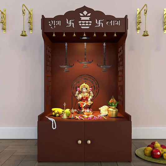 Timeless Wooden Floor Temple/Pooja Mandir for Home with Spacious Shelf & Inbuilt Focus Light