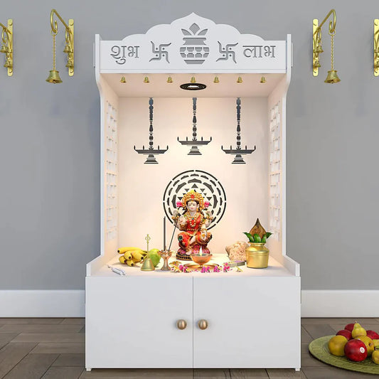 Timeless Wooden Floor Temple/Pooja Mandir for Home with Spacious Shelf & Inbuilt Focus Light