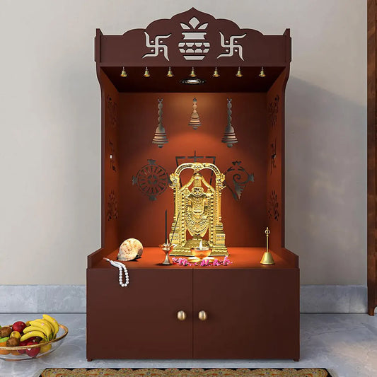 Intricate Detailed White Floor Temple/Pooja Mandir with Spacious Shelf & Inbuilt Focus Light