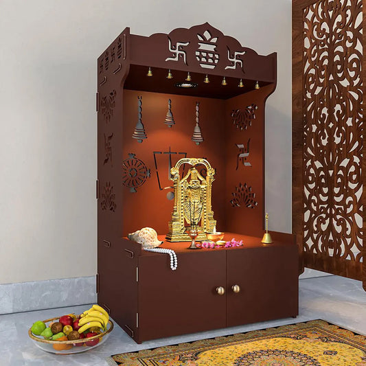 Intricate Detailed White Floor Temple/Pooja Mandir with Spacious Shelf & Inbuilt Focus Light