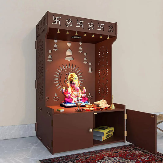 Divine Wooden White Home Temple/Pooja Mandir With Spacious Shelf & Inbuilt Focus Light