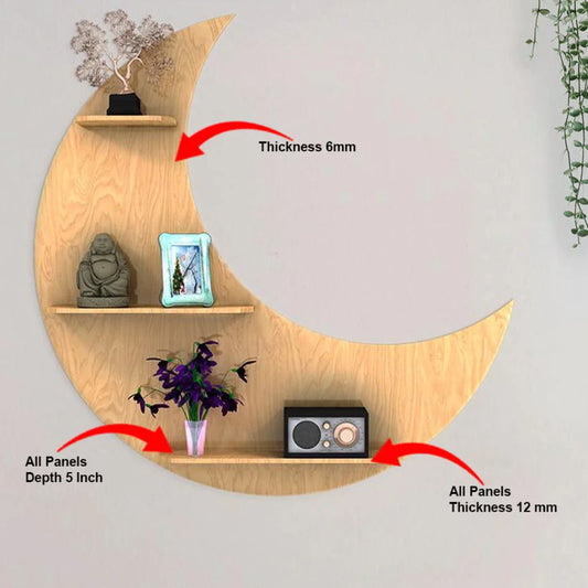 Moon Backlit Designer Wooden Wall Shelf / Book Shelf, Oak Finish