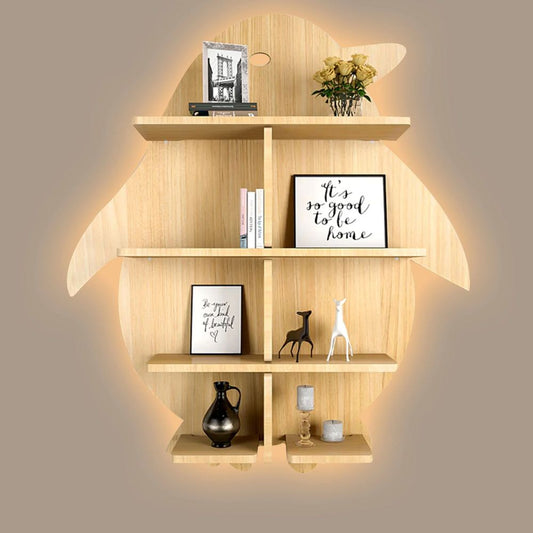Penguin Backlit Designer Wooden Wall Shelf / Book Shelf / Night Light, Light Oak Finish