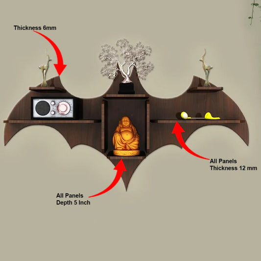 Bat Shape Backlit Designer Wooden Wall Shelf Book Shelf Night Light, Light Oak Finish