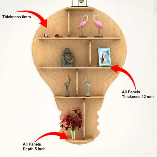 Bulb Shape Backlit Designer Wooden Wall Shelf / Book Shelf / Night Light, Light Oak Finish