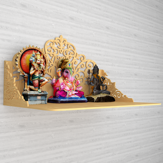 Beautiful Wall Hanging Wooden Temple/ Pooja Mandir Design With Shelf, Natural Color (DS021)