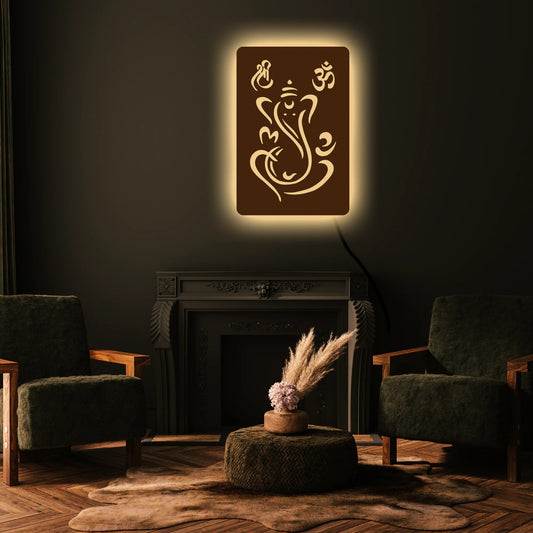 Laser Cut Lord Ganesha Wooden Brown Decorative LED Backlit for Home and Office Décor