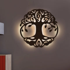 Round Shape Laser Cut Tree of Life Wooden Brown Decorative LED Backlit for Home and Office Décor