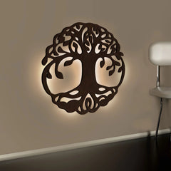 Round Shape Laser Cut Tree of Life Wooden Brown Decorative LED Backlit for Home and Office Décor