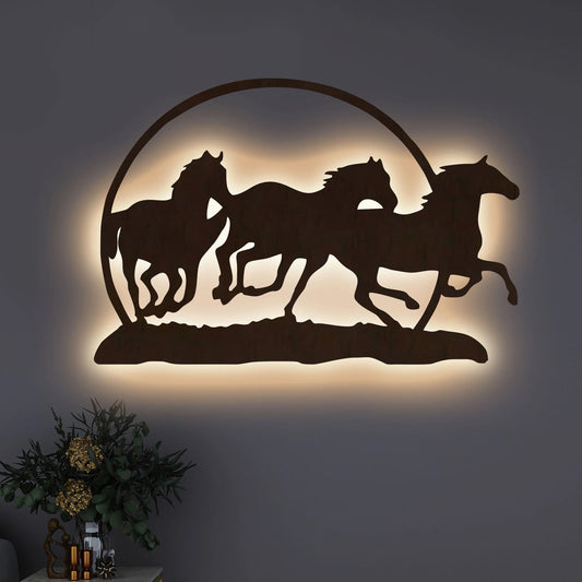 Three Running Horses Laser Cut Wooden Brown Decorative LED Backlit for Home and Office Décor