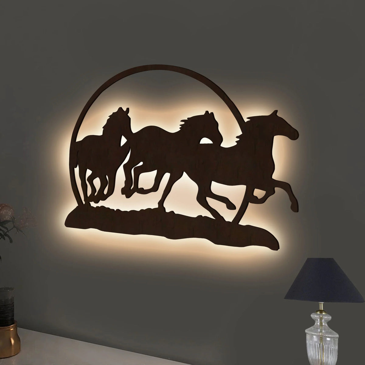 Three Running Horses Laser Cut Wooden Brown Decorative LED Backlit for Home and Office Décor