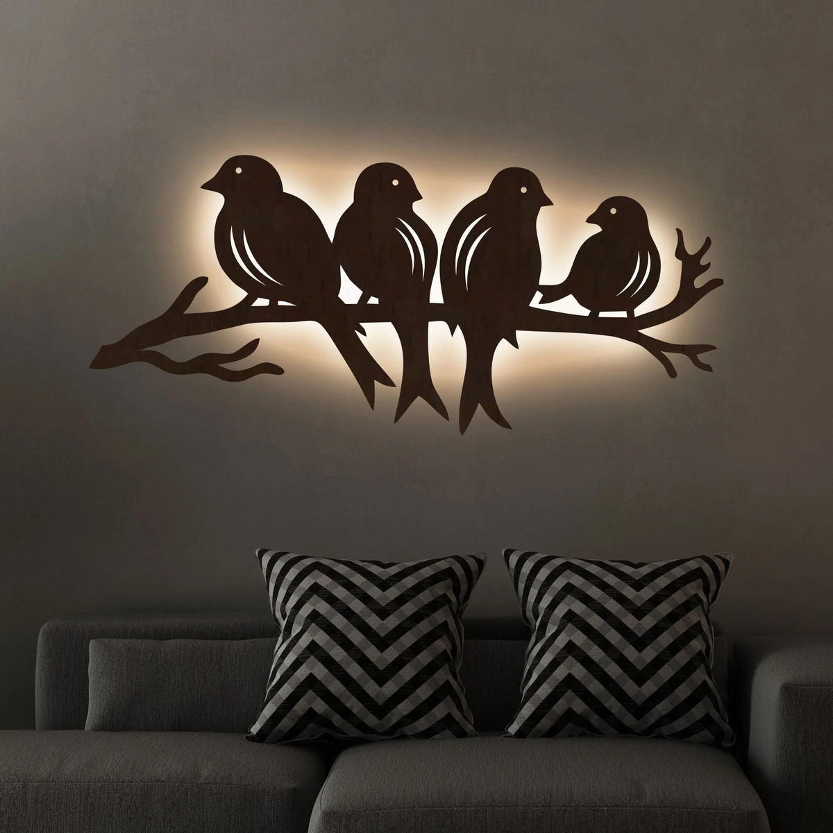 Wooden Laser Cut Birds on Branch Wall Decorative LED Backlit for Home and Office Décor