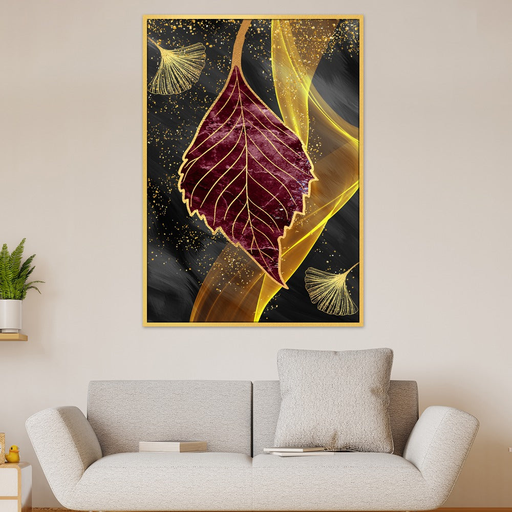 DEKORSTATION Abstract Maroon & Gold Leaf Canvas Painting | Luxury Wall Art for Living Room | Drawing Room | Bedroom Office | Modern Home Decor