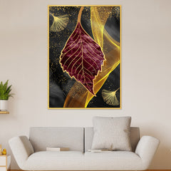 DEKORSTATION Abstract Maroon & Gold Leaf Canvas Painting | Luxury Wall Art for Living Room | Drawing Room | Bedroom Office | Modern Home Decor
