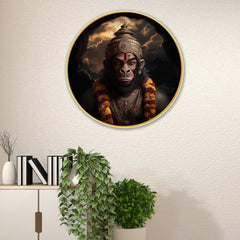 DEKORSTATION Premium Lord Hanuman Modern Wall Art with Sparkle Lamination - Golden Slim Frame Bajrangbali Painting for Living Room & Pooja Room - Finished Surface Devotional Decor, 12 x 12 Inch Round