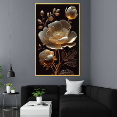 DEKORSTATION Elegant Golden Floral Canvas Painting | Luxury White & Gold Flower Wall Art For Living Room | Bedroom | Office | Drawing room