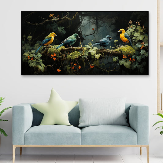 Beautiful Four Colorful Bird On The Branch Canvas Painting
