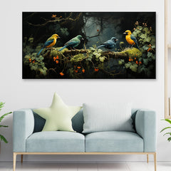 Beautiful Four Colorful Bird On The Branch Canvas Painting