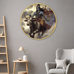 DEKORSTATION Premium Lord Shiva Riding Nandi Round Wall Art with Sparkle Lamination - Golden Slim Circular Frame Mahadev Painting for Living Room & Pooja Room - Finished Surface Spiritual Wall Decor, 12 x 12 Inch