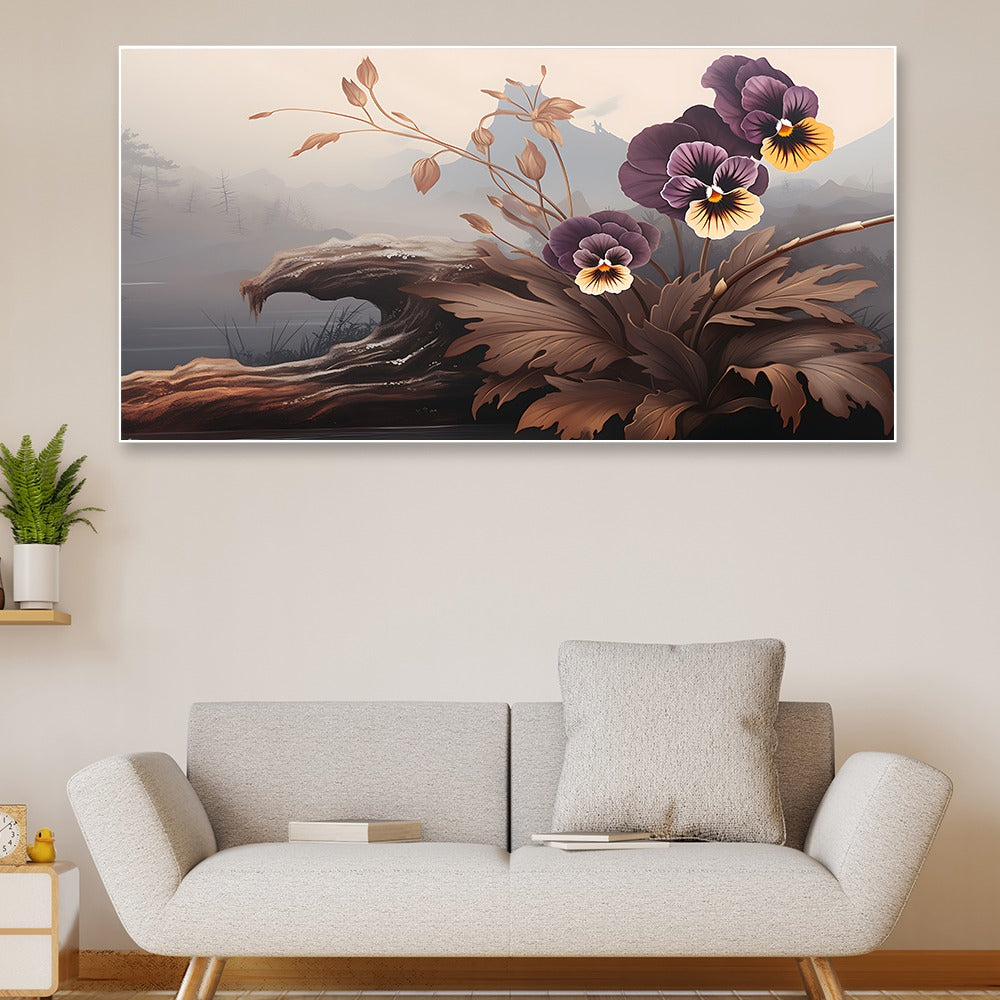 Moody Floral Landscape with Pansies and Misty Mountains canvas painting