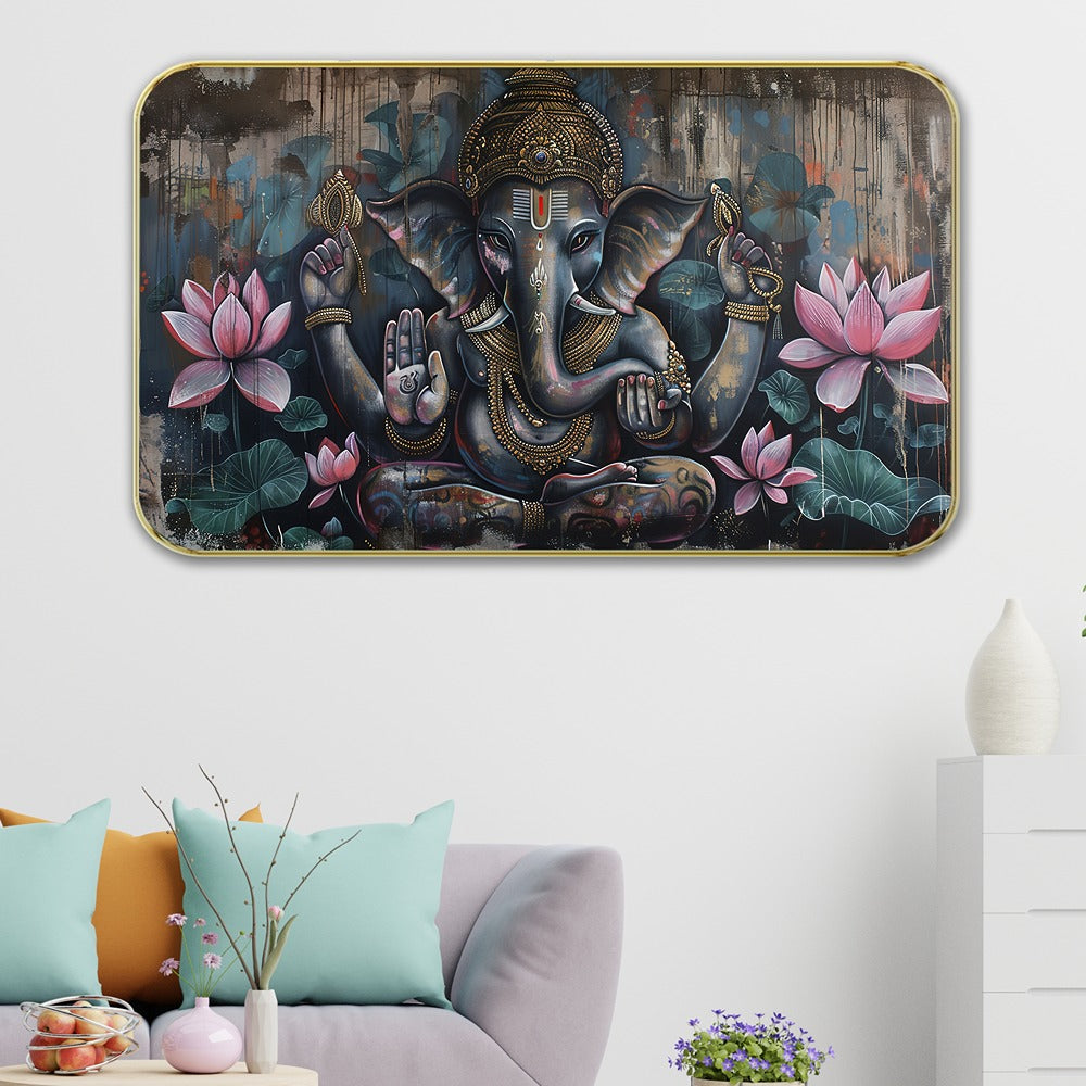 DEKORSTATION Premium Lord Ganesha with Pink Lotus Wall Art with Sparkle Lamination - Golden Slim Frame Ganpati Painting with Modern Textured Background - Finished Surface Spiritual Wall Decor, 11 x 14 Inch