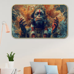 DEKORSTATION Premium Lord Hanuman JI Modern Wall Art with Sparkle Lamination Painting - Golden Slim Frame Bajrangbali Painting for Living Room & Pooja Room - Finished Surface Devotional Decor, 11 x 14 Inch