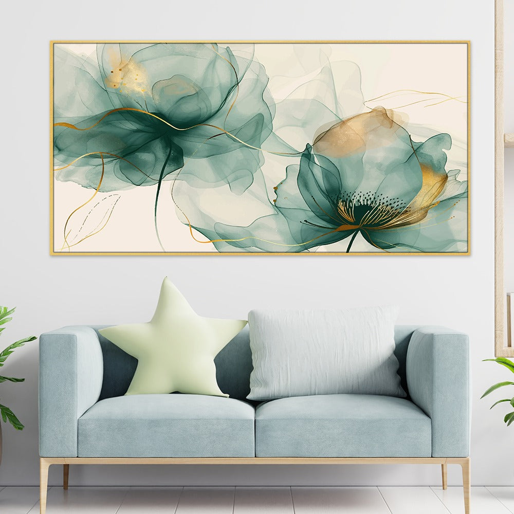 DEKORSTATION Modern Flower Canvas Wall Painting Canvas Print Teal Aqua Gold Abstract Artwork Home Decoration for Living Room | Bedroom | Office | Drawing room