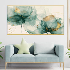 DEKORSTATION Modern Flower Canvas Wall Painting Canvas Print Teal Aqua Gold Abstract Artwork Home Decoration for Living Room | Bedroom | Office | Drawing room