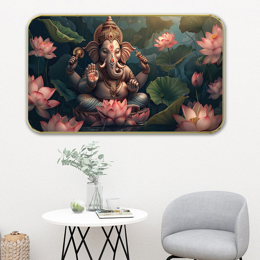 DEKORSTATION Premium Lord Ganesha Modern Art Wall Decor with Sparkle Lamination - Golden Slim Frame Ganpati Painting for Living Room & Entrance - Finished Surface Spiritual Wall Hanging, 11 x 14 Inch
