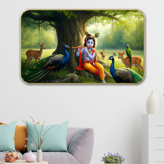 DEKORSTATION Premium Bal Krishna Playing Flute in Vrindavan Forest Art with Sparkle Lamination - Golden Slim Frame Devotional Painting with Peacocks & Deer for Kids Room - Finished Surface Spiritual Wall Hanging, 11 x 14 Inch