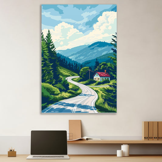 Mountain Drive Canvas Painting Serene Forest Landscape with Country Cottage for Wall Decoration Elegant Modern Art Stretched Wall Paintings