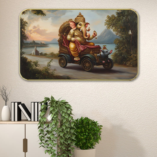DEKORSTATION Premium Lord Ganesha in Vintage Car Modern Art Wall Decor with Sparkle Lamination - Golden Slim Frame Ganpati Painting for Living Room & Office - Finished Surface Spiritual Wall Hanging, 11 x 14 Inch
