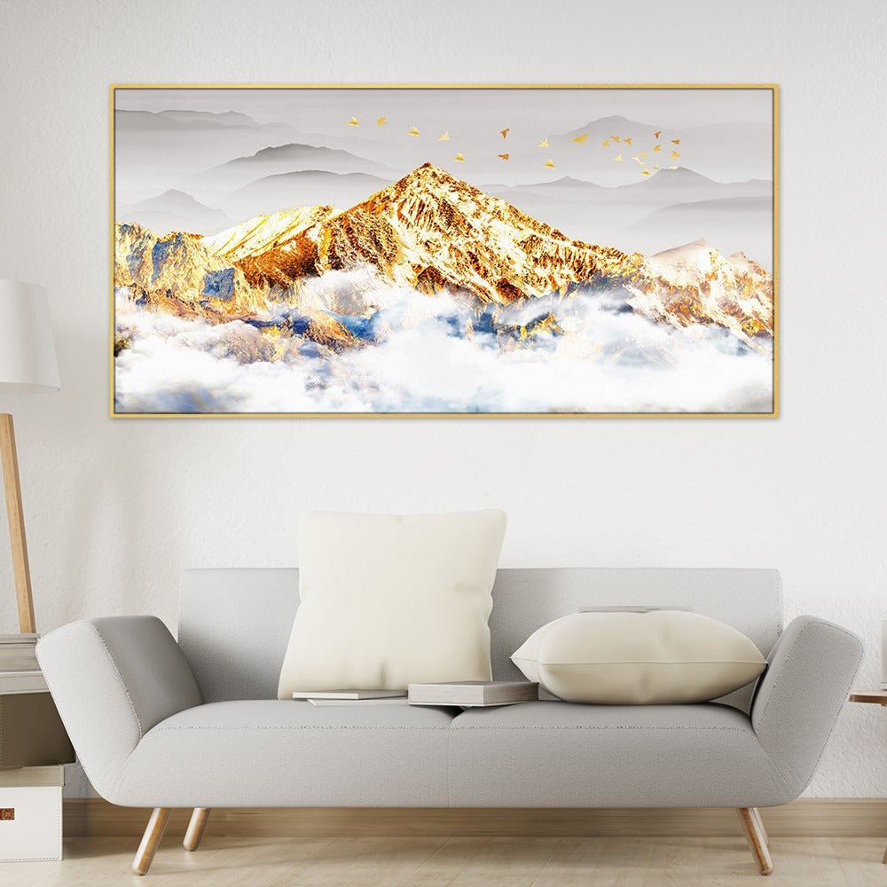 DEKORSTATION Luxury Golden Mountain Landscape Canvas Wall Painting | Modern Abstract Nature Wall Art Decor For Living Room | Bedroom | Office | Drawing room