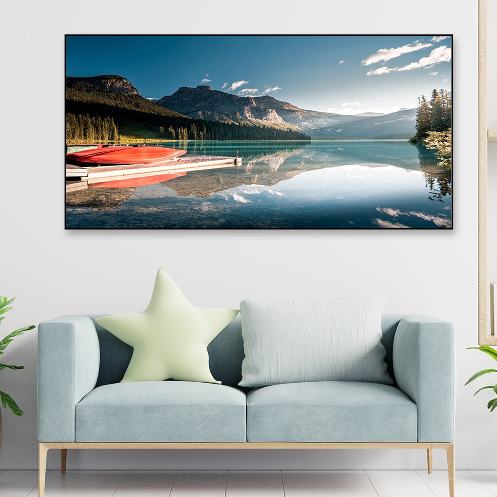 Tranquil Emerald Lake Canvas painting Serene Mountain Reflection Wall Art