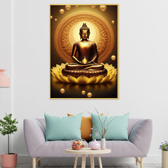 Canvas painting meditating Lord Buddha sitting on lotus flower Calm Golden Buddha statue Painting