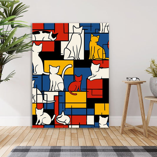 Modern Pop Art Color Block Cats Canvas Painting Abstract Geometric Cat Canvas Wall Painting for Wall Decoration Elegant Modern Art Stretched Wall Paintings