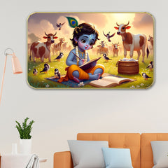 DEKORSTATION Adorable Baby Krishna Artwork with Cows Sparkle lamination for a vibrant, glossy finish that catches the eye Elegant golden slim frame adds a touch of luxury and refinement 11 x 14 Inch | Home, Office & Hotel Decor