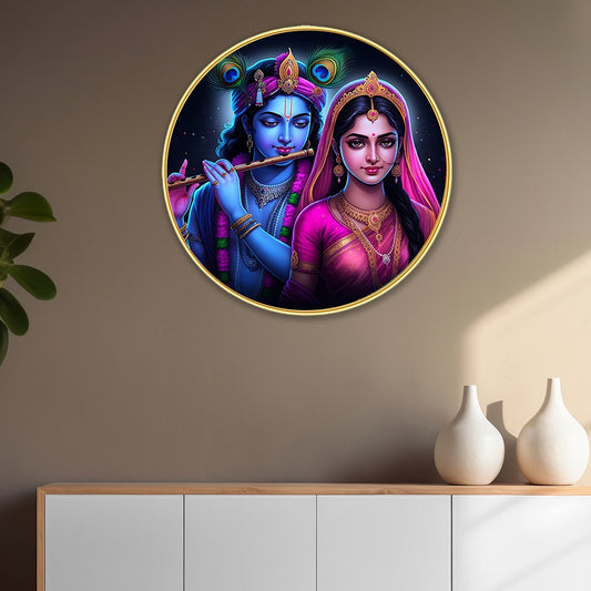 DEKORSTATION Premium Radha Krishna Round Divine Love Wall Art with Sparkle Lamination - Golden Slim Circular Frame Devotional Painting for Living Room & Pooja Room - Finished Surface Spiritual Wall Decor, 12 x 12 Inch