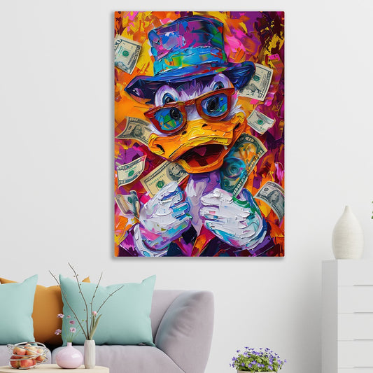 Millionaire & Rich Donald Duck Canvas painting Vibes Colorful Cartoon Money Canvas Art for Wall Decoration Elegant Roman Warrior Moder Art Stretched Wall Paintings