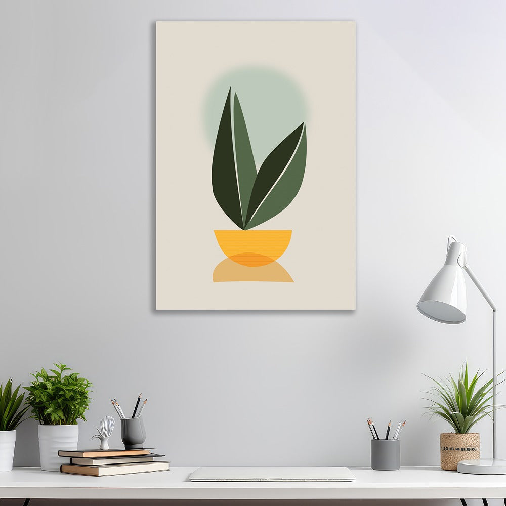 Modern Minimalist Plant Canvas Wall Art Abstract Green Leaves in Yellow Pot for Home and Office Décor for Wall Decoration Elegant Modern Art Stretched Wall Paintings