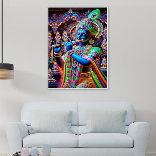 Multicolor Floral Krishna Canvas Wall Painting