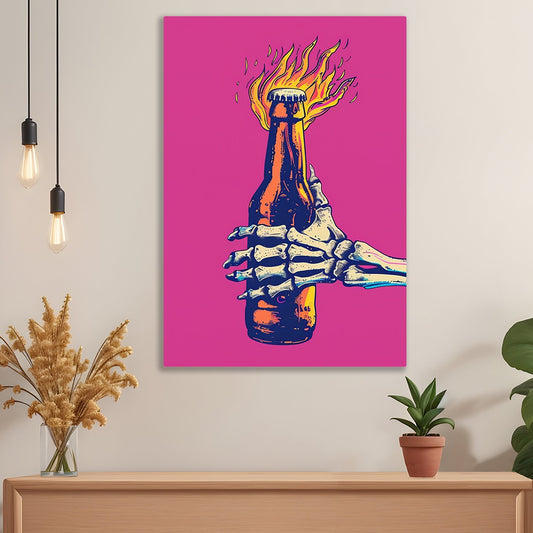 Skeleton Grip on Flaming Bottle Canvas Painting Party Node On Bold Pop Art Canvas Wall Decor for Wall Decoration Elegant Moder Art Stretched Wall Paintings
