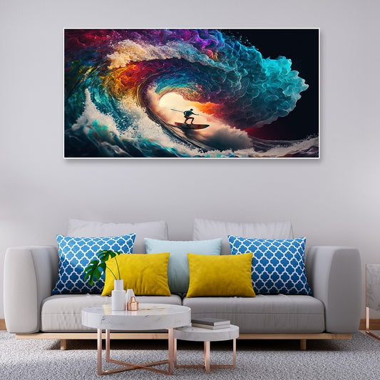 Surfer Rides Wave With Rainbow Colored Wave Canvas Wall Painting