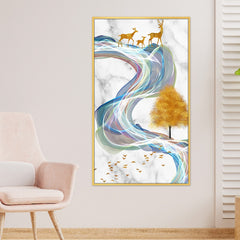DEKORSTATION Luxury Golden Deer Family Abstract Canvas Wall Painting | Modern Marble Nature Wall Art Decor For Living Room | Bedroom | Office | Drawing room