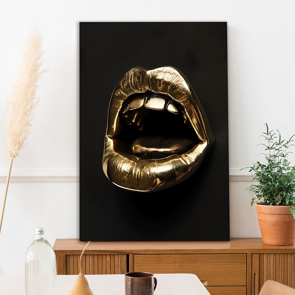 Bold Gold Lips Canvas Painting Modern Glamour Wall Decor for Wall Decoration Elegant Little Girl Moder Art Stretched Wall Paintings
